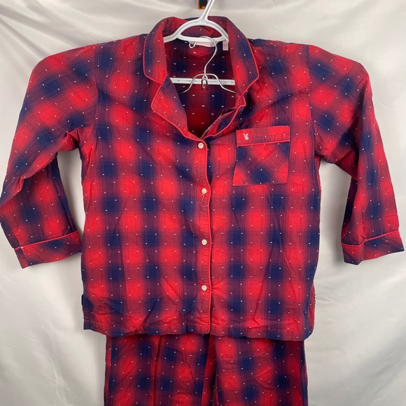 Y2K‎ Victorias Secret Plaid Pajama Set Cotton Red Blue Holiday Comfy Winter Med - Picture 2 of 13